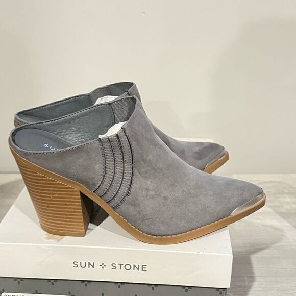 Sun+Stone Womens Deyzaa grey Metallic Pointed Toe Slip-On heels Mules Shoes 8.5 - Picture 5 of 8